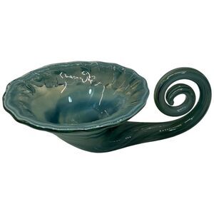 Vtg MCM Blue Green Swirl Hand Blown Art Glass Cornucopia Vase Bowl Murano Style